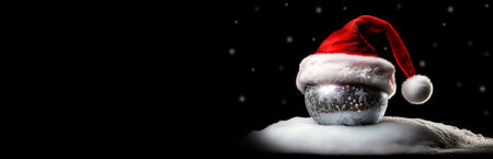 Extreme close-up of the red and white Santa Claus hat above a crystal Christmas ball and a pile of white snow, isolated on a black background with copy space and snowflakes. Generative Ai.の素材