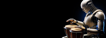 Close-up, humanoid robot hands playing wooden bongos with great passion isolated on a black background with copy space. Artificial intelligence and entertainment concept. Generative Ai.の素材