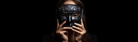 Extreme close-up and portrait of a young woman holds in her hands a black sad mask in front of her face hiding, isolated on a black background with copy space. Generative Ai.の素材