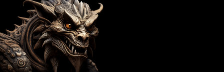 Extreme close-up, portrait of a scary monster with orange eyes looking away isolated on a black background with copy space. Blank white banner. Generative Ai.の素材