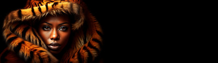 Extreme close-up, portrait of a young beautiful African-American woman looking at camera with a determined look, wrapped in a tiger fur, isolated on a black background with copy space. Generative Ai.の素材