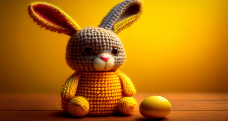Extreme close-up of a cute knitted easter bunny sitting on a wooden table against a yellow-orange background with copy space and easter egg. Template for an Easter greeting card. Generative Ai.の素材