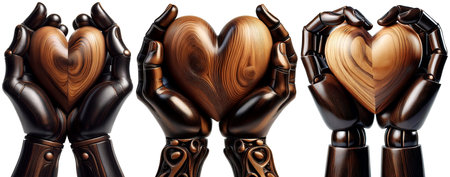 Extreme close-up of wooden hands (cupped hands of a mannequin) holding a brown wooden heart, isolated on white background with copy space. Collection and variation. Generative Ai.の素材