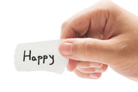 Happy message concept  using a hand holding a small piece of paper on white backgroundの写真素材