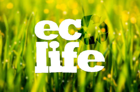 Eco Life life text and recycling sign or symbol over green grass backgroundの写真素材