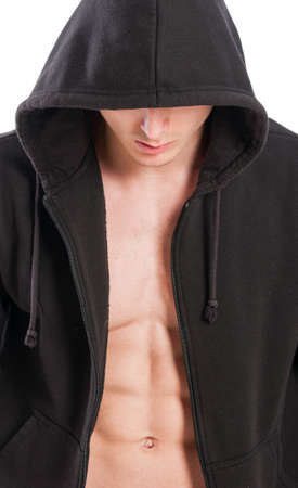 Closeup of male model torso with open hoodie showing six pack or perfect absの写真素材