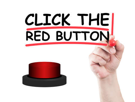 Click the red button concept made on transparent wipe board with a hand holding a markerの写真素材