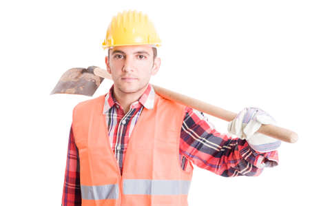 Construction worker carrying a shovel on shoulder isolated on white backgroundの写真素材