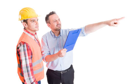 Visionary constrution site inspector and builder or contractor on white background
