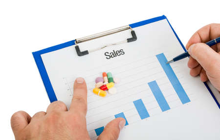 International pill sales growing chart on clipboard concept