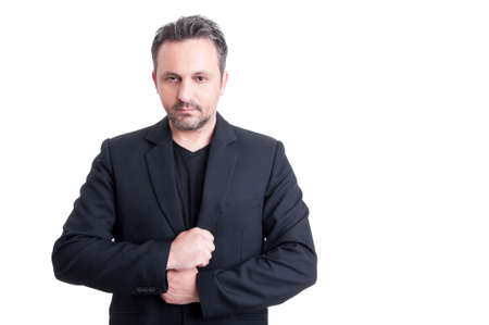 Fashionable business man wearing elegant casual suit jacket and black t-shirtの写真素材