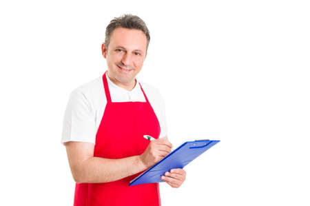 Friendly shop manager holding clipboard and ckecklist