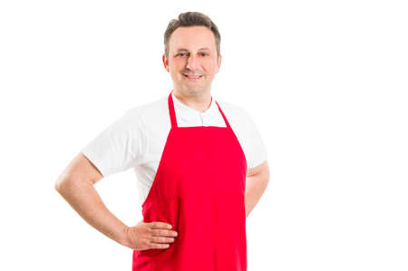 Confident and successful hypermarket worker wearing red apronの写真素材