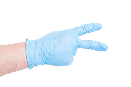 Doctor hand with glove showing number two or second gesture isolated on white backgroundの写真素材