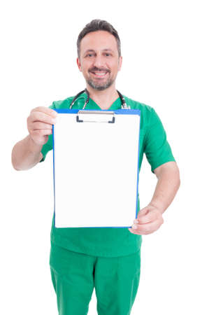 Doctor or medic holding blank clipboard with text spaceの写真素材