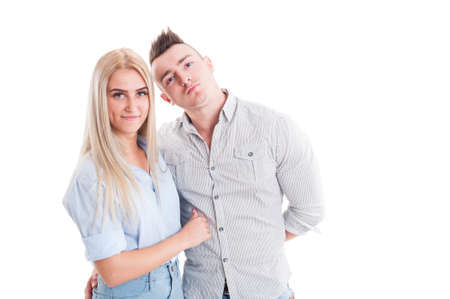 Beautiful young couple together isolated on white studio backgroundの写真素材