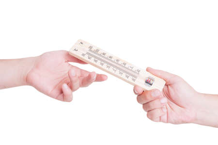 Hand giving or handing thermometer as summer heat and heatwave conceptの写真素材