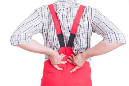 Mechanic having back pain in lumbar area concept isolated on white