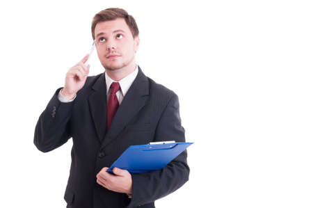Smart accountant holding clipboard and wondering isolated on whiteの写真素材