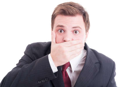 Attorney or lawyer covering his mouth as stop talking or no gossip conceptの写真素材