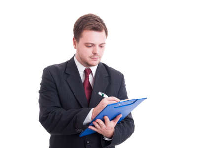 Busy accountant or financial manager writing on clipboard isolated on whiteの写真素材