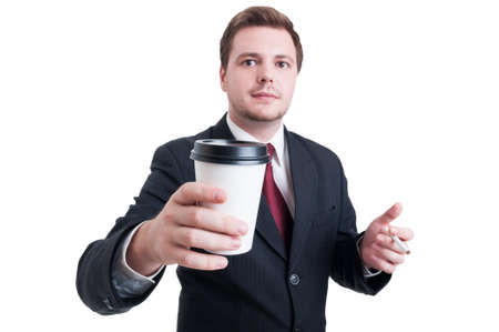 Accountant, businessman or financial manager taking coffee and cigarette break isolated on whiteの写真素材