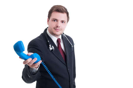 Hospital assistance or support medic giving phone as contact us concept