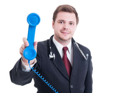 Hospital assistance or support person holding phone as contact us conceptの写真素材