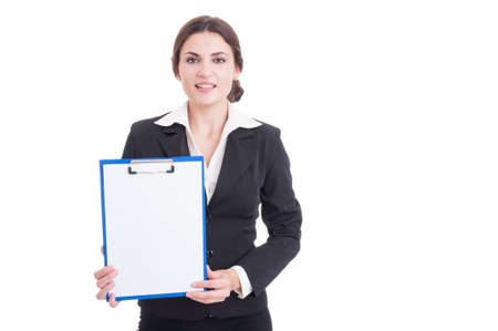 Woman marketing manager holding clipboard with blank white paper as copy space or advertising area
