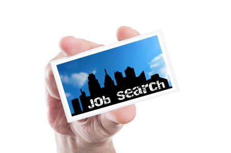 Hand holding job search card as career search concept isolated on white background