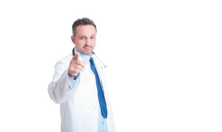 Doctor or medic choosing you by pointing finger to the camera isolated on white backgroundの写真素材