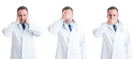 Medic or doctor in three stances blind, mute and deaf  in wide image isolated on white background