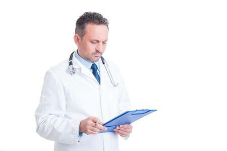Smart doctor or medic analyzing document on clipboard isolated on white backgroundの写真素材