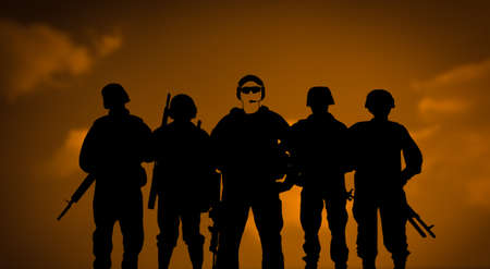 Mercenaries or private army concept with soldiers silhouettes on sunset background