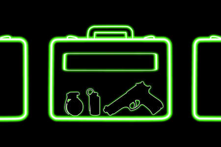 Airport xray scan bag as terrorism concept with gun, pistol and bomb or grenadeの写真素材