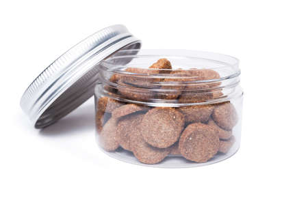 Transparent jar of cat or dog food isolated on white background