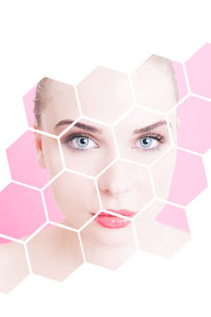 Portrait of beautiful flawless female with divided design against pink or purple background as...