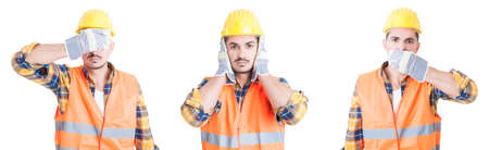 See no Evil, Hear no Evil, Speak no Evil concept with handsome engineer isolated on white backgroundの写真素材