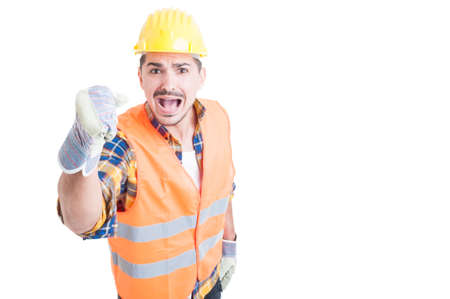 Stressed constructor yelling and standing with fist up with copypaste on white backgroundの写真素材