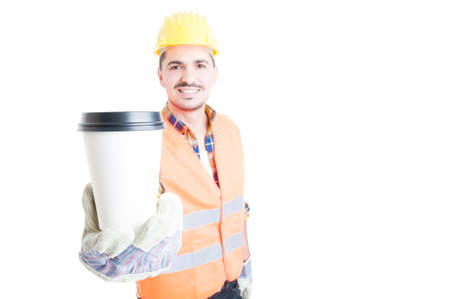 Cheerful constructor or engineer smile and handle a coffee cup isolated on white with copy spaceの写真素材