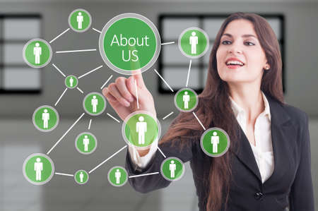 About us concept with company people connections diagram on futuristic transparent touch screen