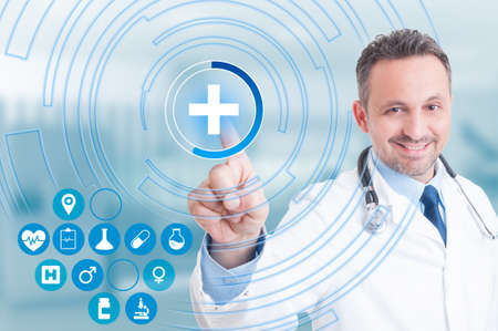Doctor hand touching first aid cross icon on virtual screen as medical support concept