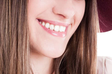 Laughing woman mouth with perfect teeth and bright smile in close up as dental healthcare conceptの写真素材