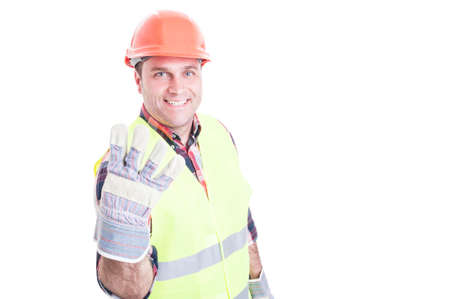 Smiling engineer rising up four finger or counting four isolated on white with advertising or text...