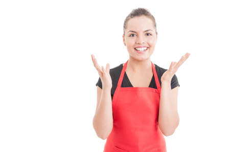 Cheerful hypermarket employee having a revelation acting amazed isolated on white background with text areaの写真素材