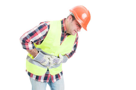 Health problem concept with builder having tummy or abdominal pain isolated on white backgroundの写真素材