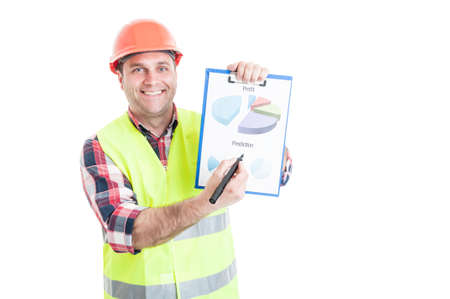 Cheerful builder holding progress report as successful business concept isolated on white background