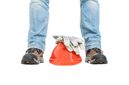 Concept of building with workman and safety equipment isolated on white backgroundの写真素材