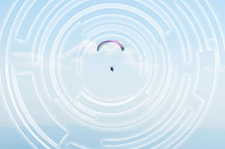 Paragliding futuristic conceptual illustration on blue sky in sunny dayの写真素材