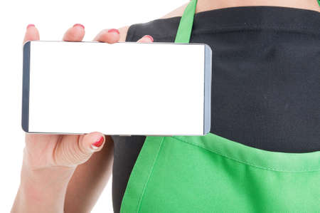 Close-up of employee hand with modern cellphone with blank display isolated on white with copy spaceの写真素材